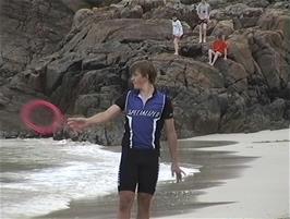 Gavin throws the Aerobie on Achmelvich Beach, shortly before he goes in the water and gets stung by a jellyfish